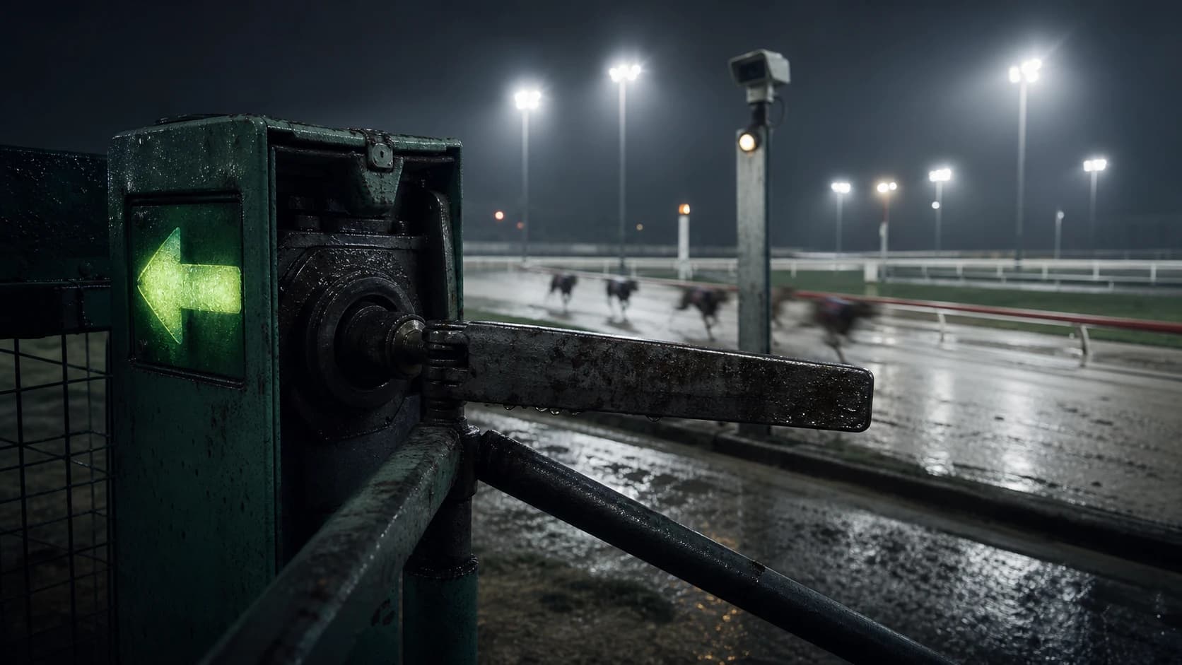A wet mechanical turnstile with a green reverse arrow beside a floodlit greyhound finish.