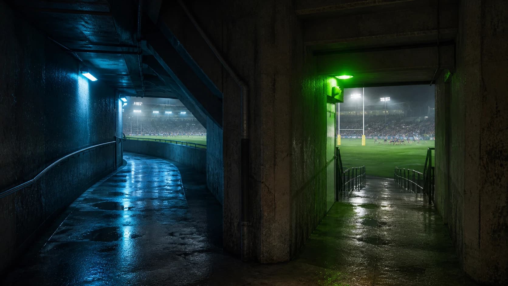 Two differently lit stadium passages lead towards the same live rugby pitch.