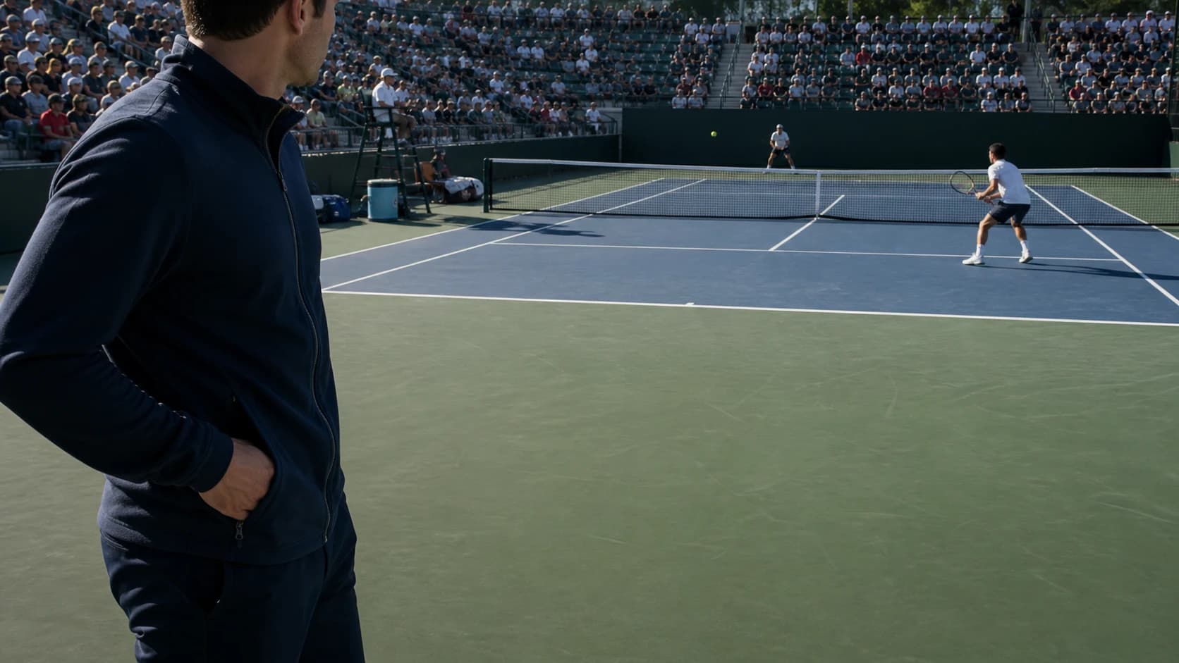 An adult spectator puts an unbranded phone away while a professional outdoor tennis match continues.