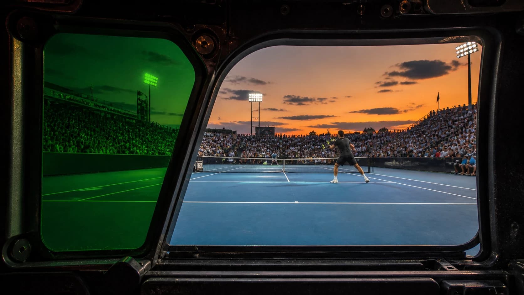 A professional tennis match viewed through a split aperture with one green section closed and the larger section still open.