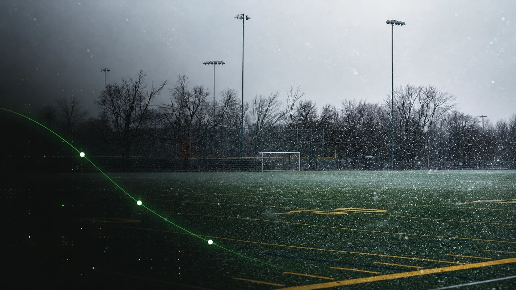 Heavy snow falls across an empty football pitch and goal.