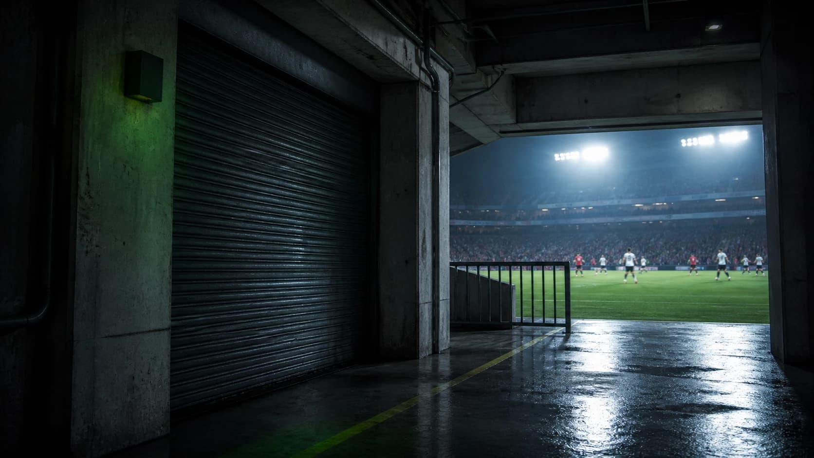 A closed metal shutter beneath a football stadium while an adult match continues under floodlights beyond.