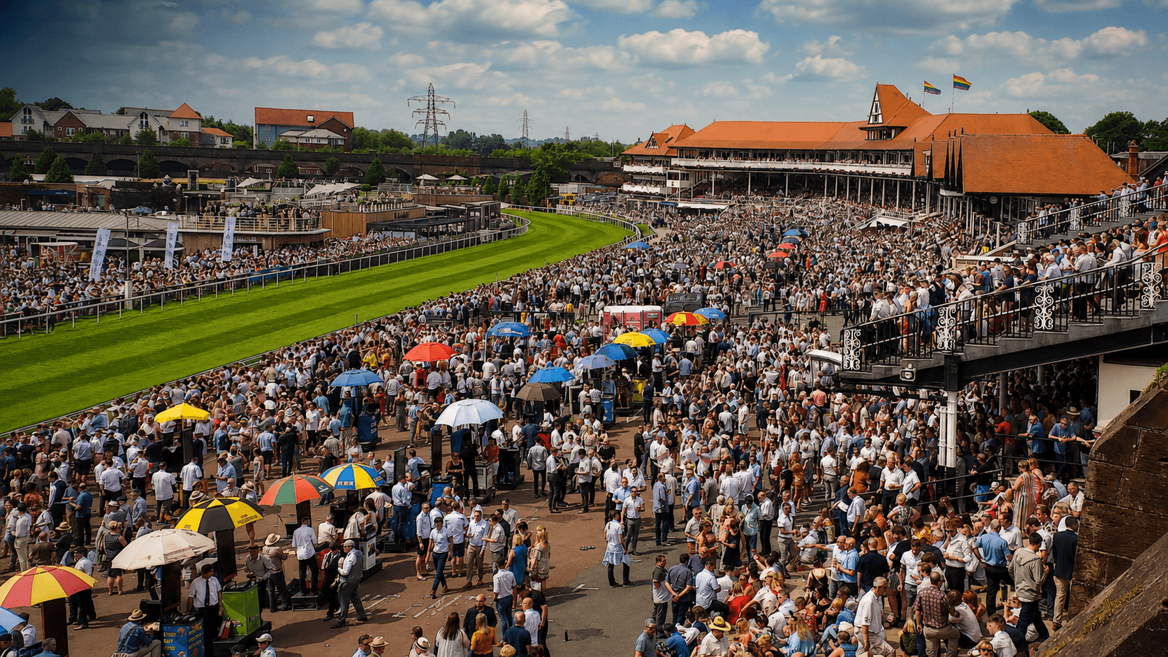 Racehorses competing around the tight turn at Chester Racecourse